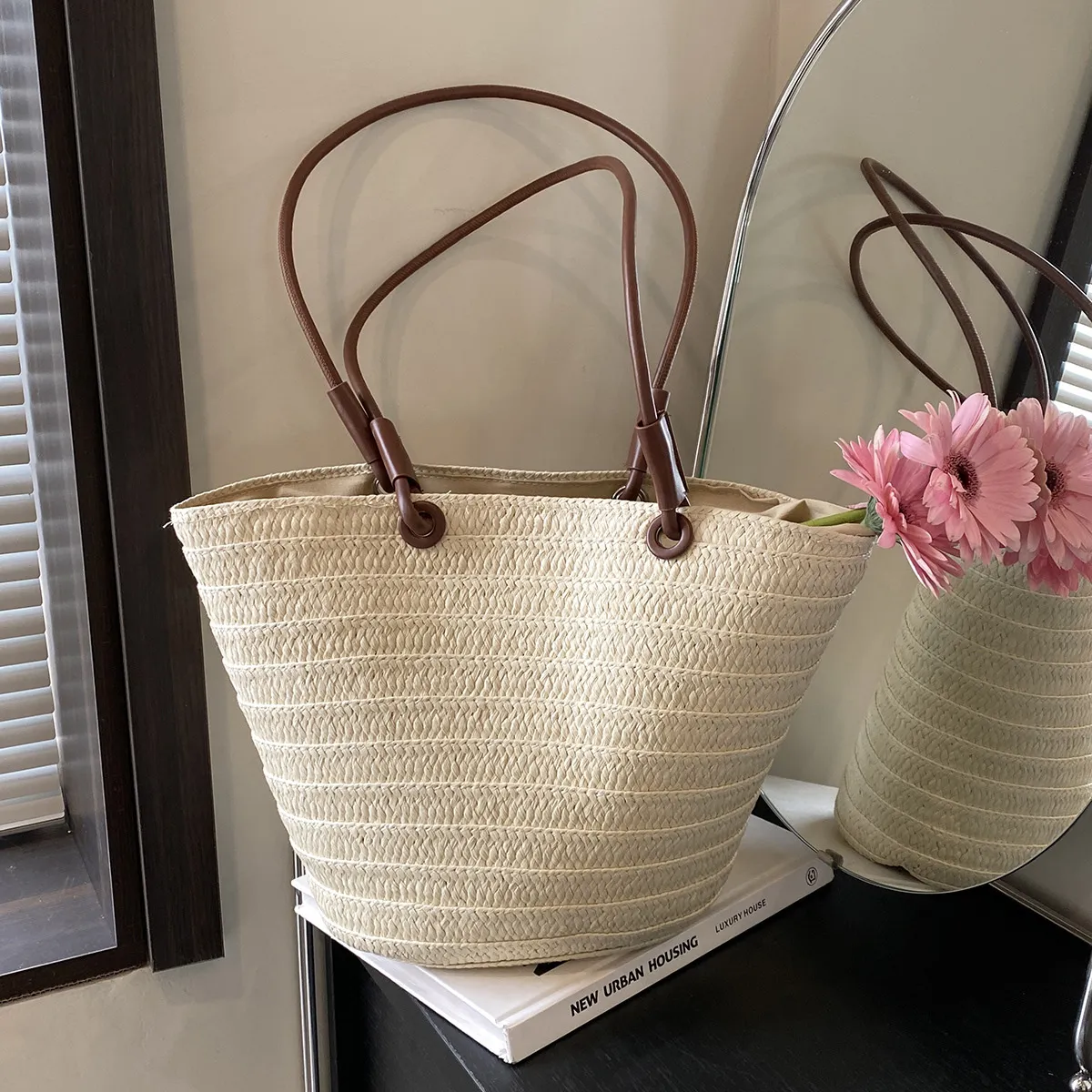 Women Fashion Casual Large Capacity Straw Woven Beach Tote Shoulder Bag