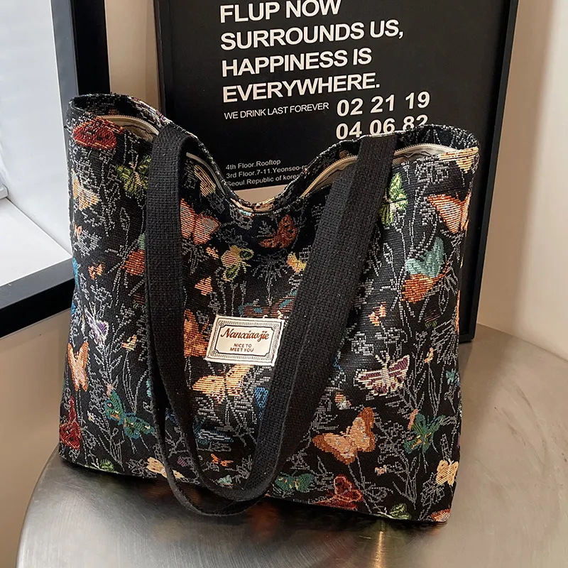 Women Fashion Casual Large Capacity Floral Printed Canvas Tote Shoulder Bag