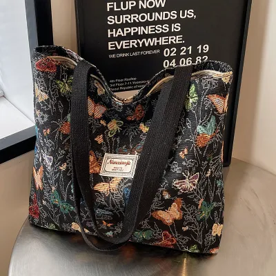 Women Fashion Casual Large Capacity Floral Printed Canvas Tote Shoulder Bag