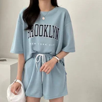 Women Casual Letter Printed Short Sleeve T-Shirt Loose Shorts Two-Piece Set