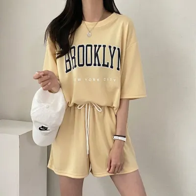 Women Casual Letter Printed Short Sleeve T-Shirt Loose Shorts Two-Piece Set