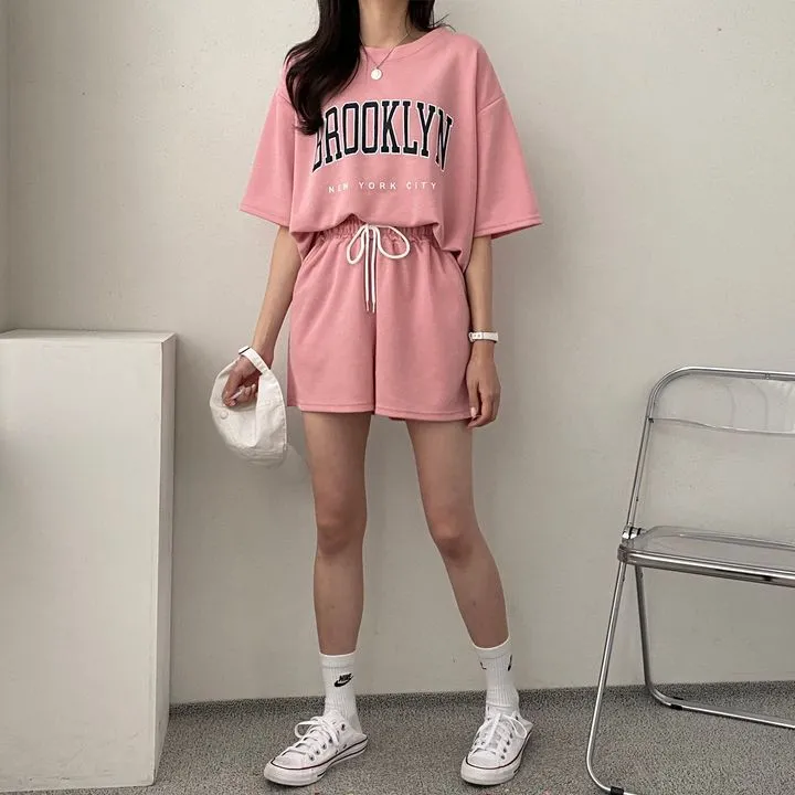 Women Casual Letter Printed Short Sleeve T-Shirt Loose Shorts Two-Piece Set