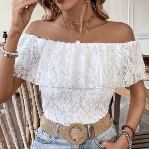 Women Fashion Sexy Lace Ruffled Off-Shoulder Blouse