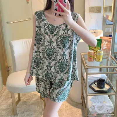 Women's Casual Cartoon Printed Cotton Silk Pajama Set with Tank Top and Shorts