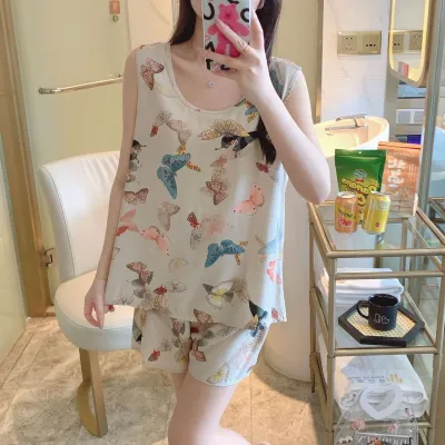 Women's Casual Cartoon Printed Cotton Silk Pajama Set with Tank Top and Shorts