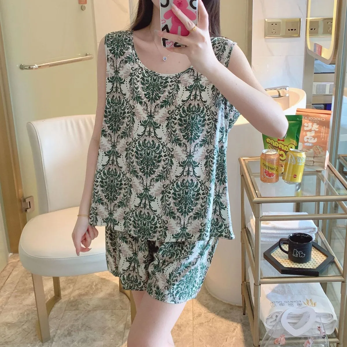 Women's Casual Cartoon Printed Cotton Silk Pajama Set with Tank Top and Shorts