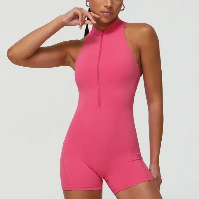 Women's Sleeveless Backless Yoga Romper - Solid Color Zipper Tight Shorts