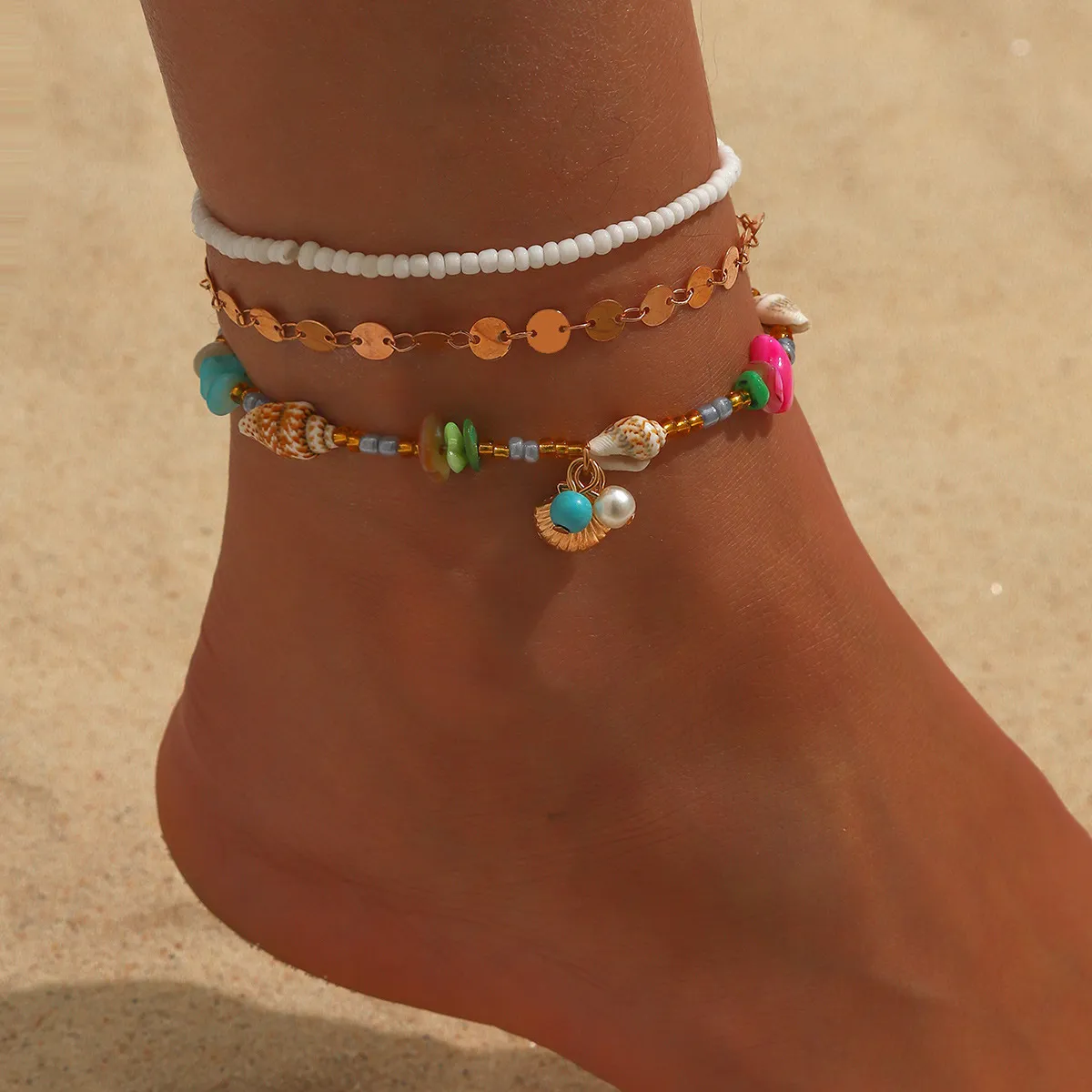 Women Fashion Boho Beads Shell Multi-Layer Anklet Set
