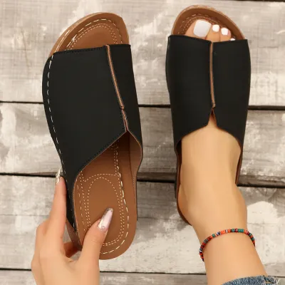 Women Casual Solid Color Round Toe Wedge Platform Slippers with Rubber Sole