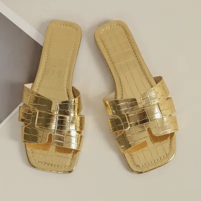 Women Fashion Casual Solid Color Square Toe Flat Slippers Plus Size
