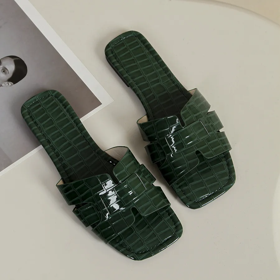 Women Fashion Casual Solid Color Square Toe Flat Slippers Plus Size