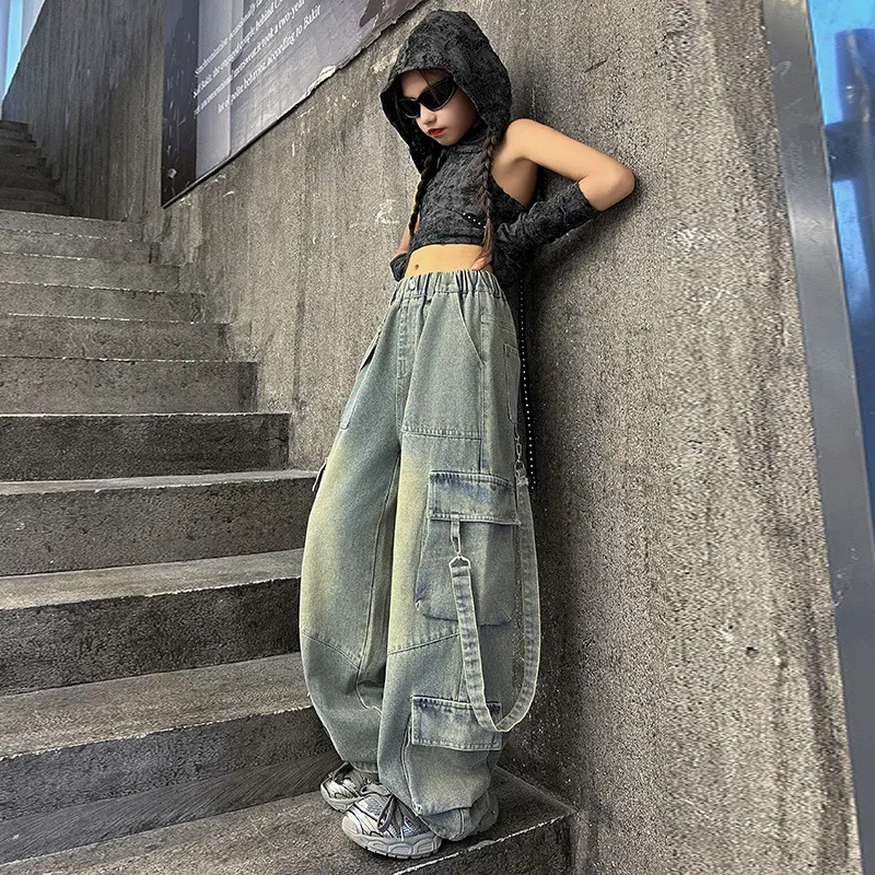 Kids Toddler Big Girls Fashion Casual Vintage Cargo Wide Leg Jeans Long Denim Pants