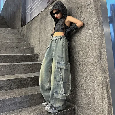 Kids Toddler Big Girls Fashion Casual Vintage Cargo Wide Leg Jeans Long Denim Pants
