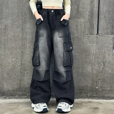 Kids Toddler Big Girls Fashion Casual Vintage Cargo Wide Leg Jeans High Waist Denim