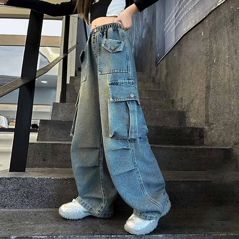 Kids Toddler Big Girls Fashion Casual Vintage Cargo Wide Leg Jeans High Waist Denim