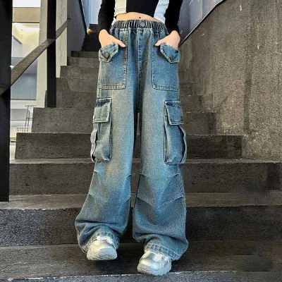 Kids Toddler Big Girls Fashion Casual Vintage Cargo Wide Leg Jeans High Waist Denim