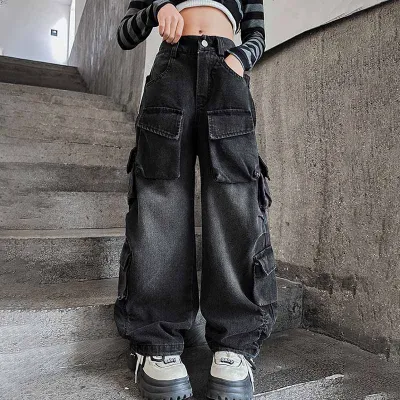 Kids Toddler Big Girls Fashion Casual Vintage Cargo Wide Leg Jeans High Waist Long Denim Tooling