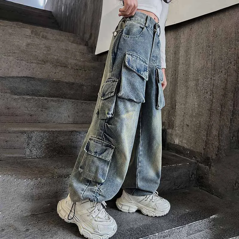 Kids Toddler Big Girls Fashion Casual Vintage Cargo Wide Leg Jeans High Waist Long Denim Tooling