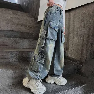 Kids Toddler Big Girls Fashion Casual Vintage Cargo Wide Leg Jeans High Waist Long Denim Tooling