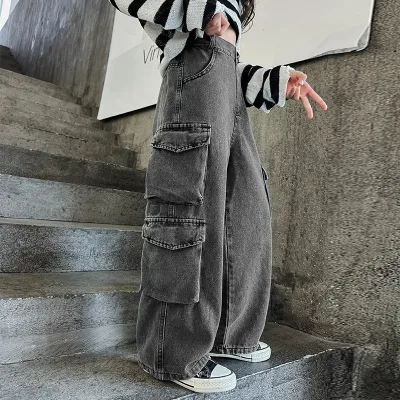 Kids Toddler Big Girls Fashion Casual Cargo Wide Leg Denim Jeans