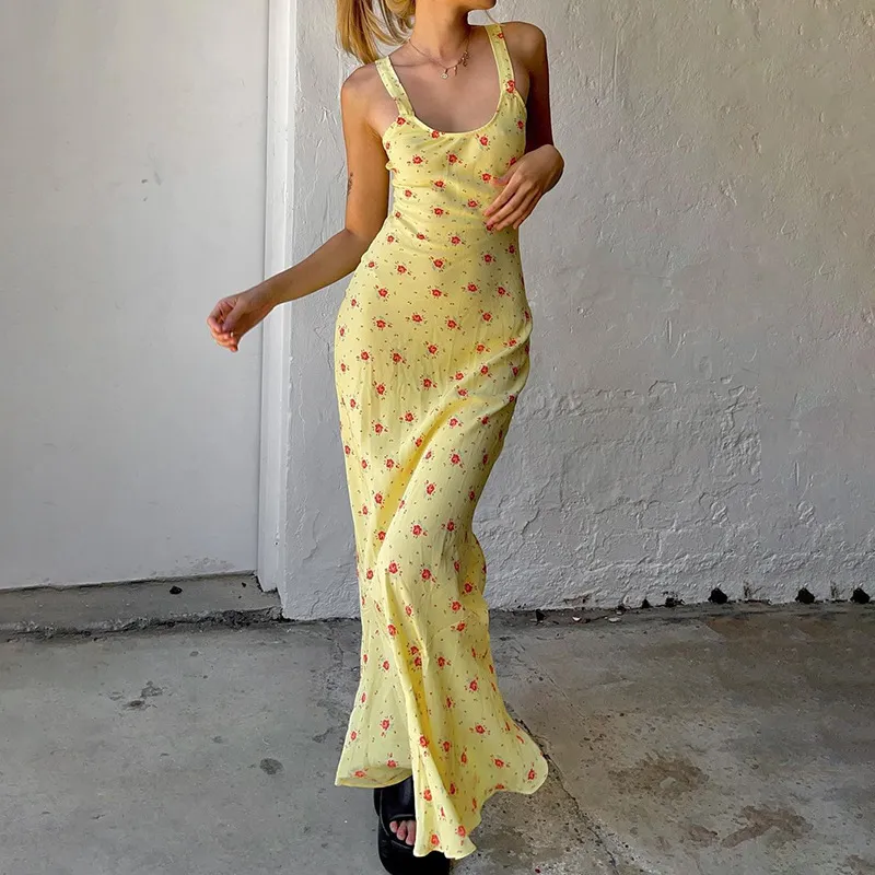 Women Holiday Tiny Flower Print Bodycon Maxi Dress