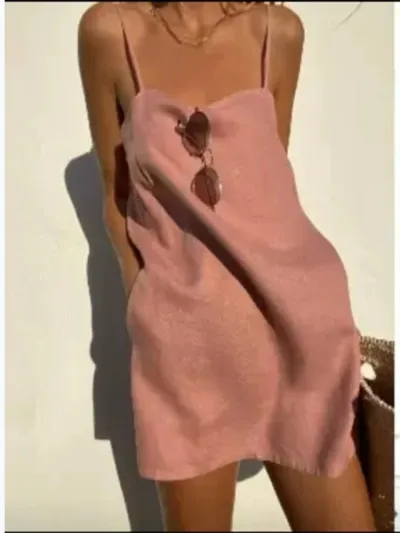Women Casual Cotton Linen Sling Dress Short Skirt