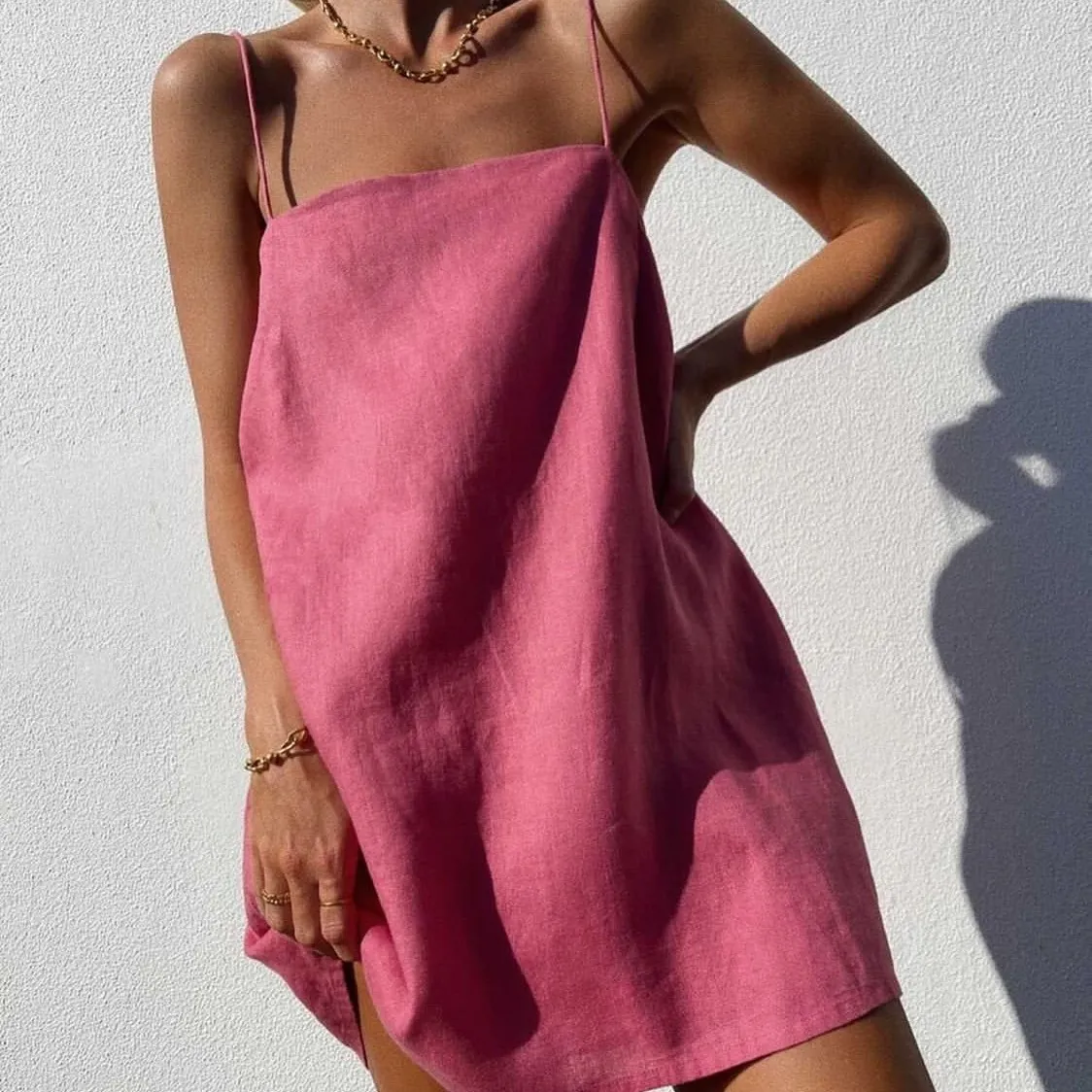 Women Casual Cotton Linen Sling Dress Short Skirt