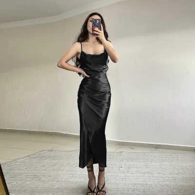 Women Elegant Solid Color Backless Side Slit Strap Midi Dress