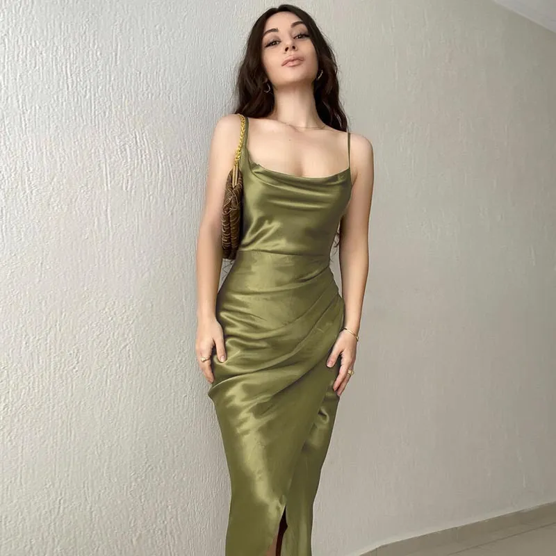 Women Elegant Solid Color Backless Side Slit Strap Midi Dress