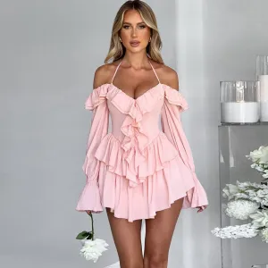 Women Sexy Solid Color Ruffle Neck Long Sleeve Rompers