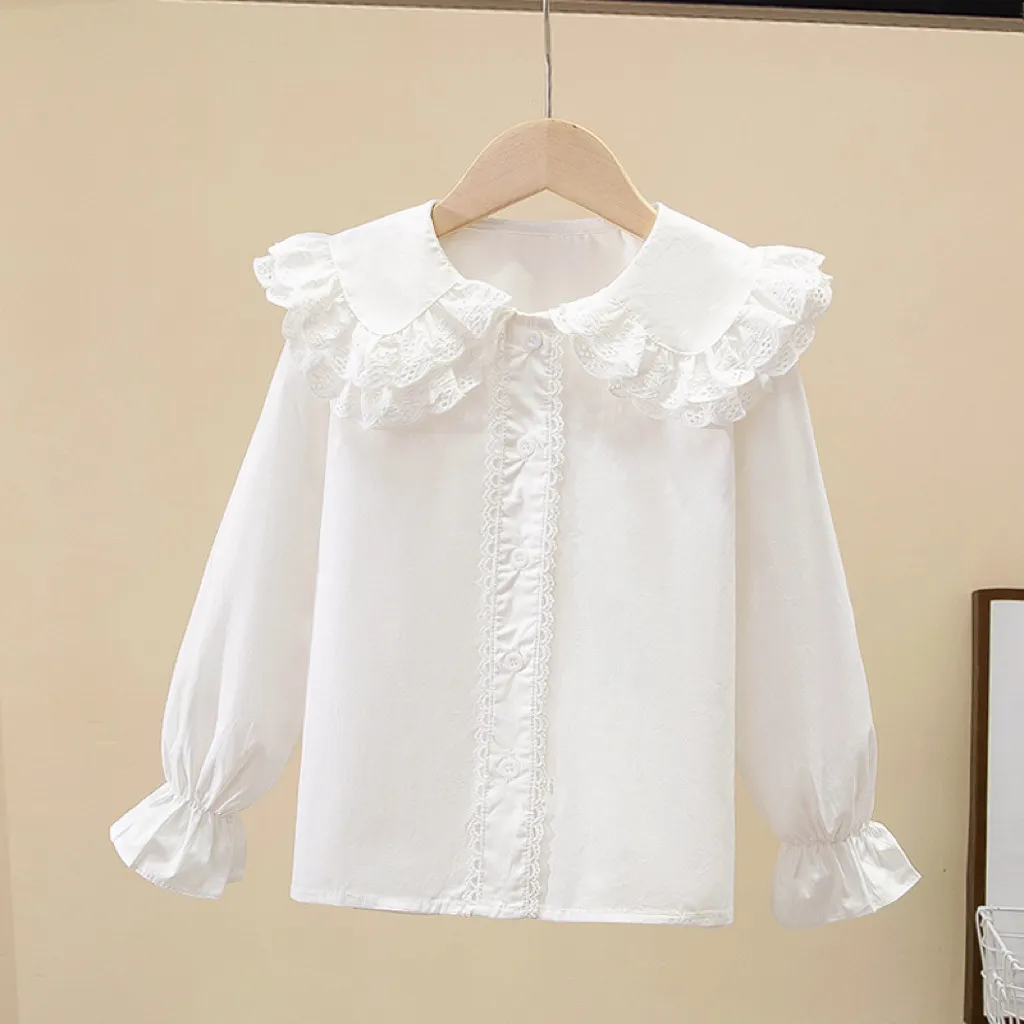 Girls Casual Solid Color Lace Ruffled Long Sleeve Blouse Cotton Crewneck