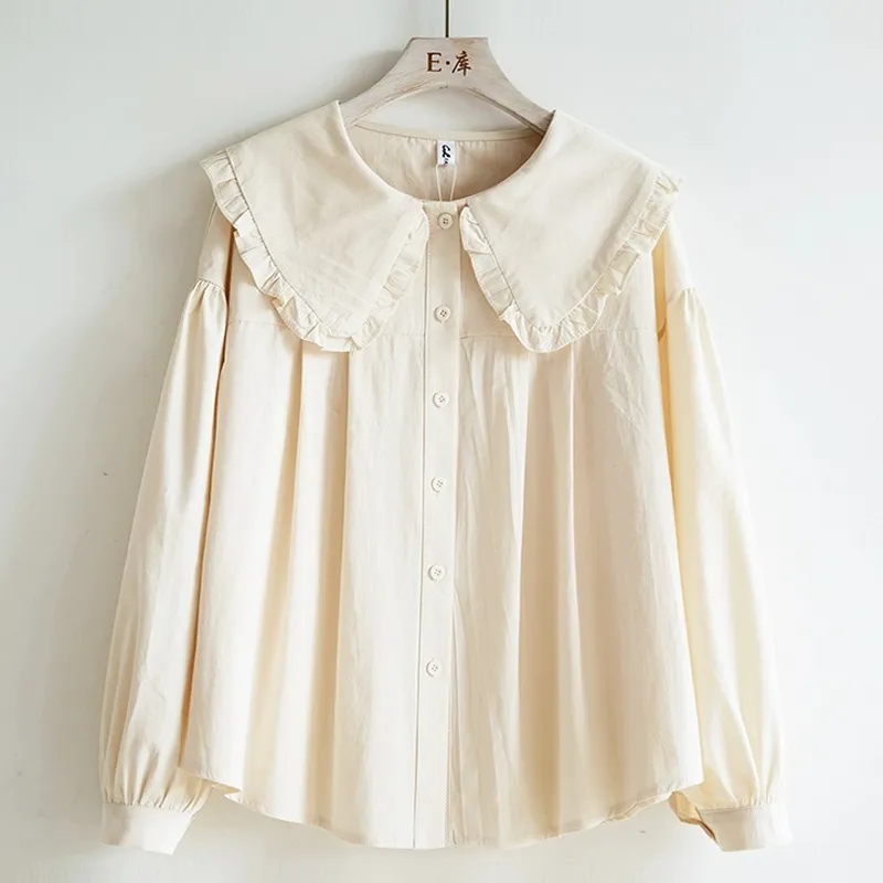 Girls Fashion Casual Solid Color Ruffled Lapel Long Sleeve Blouse