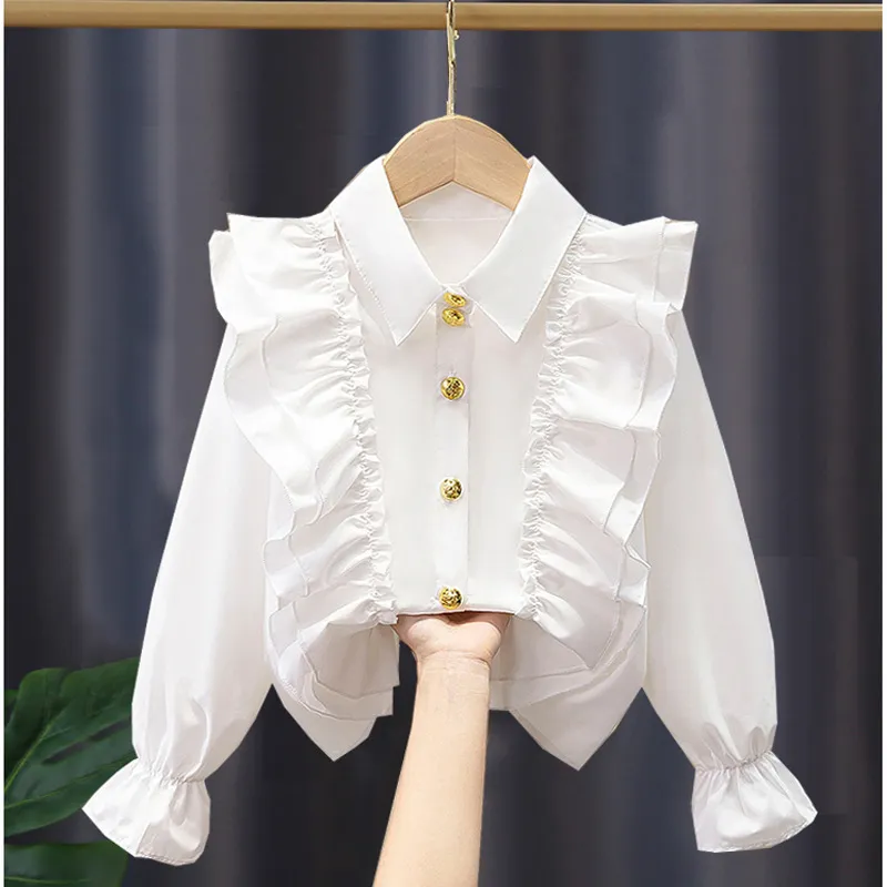 Girls Casual Solid Color Ruffled Lapel Long Sleeve Blouse Tops