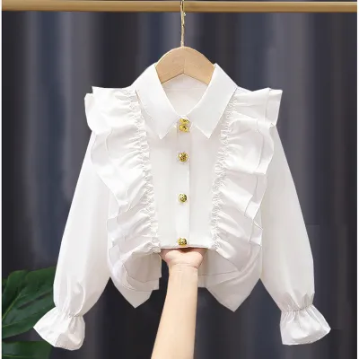 Girls Casual Solid Color Ruffled Lapel Long Sleeve Blouse Tops