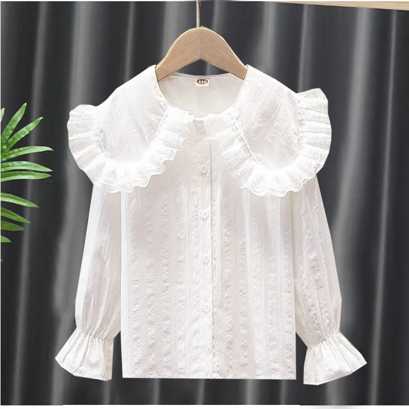 Girls Jacquard Ruffled Lapel Long Sleeve Blouse Princess Casual Cotton Top