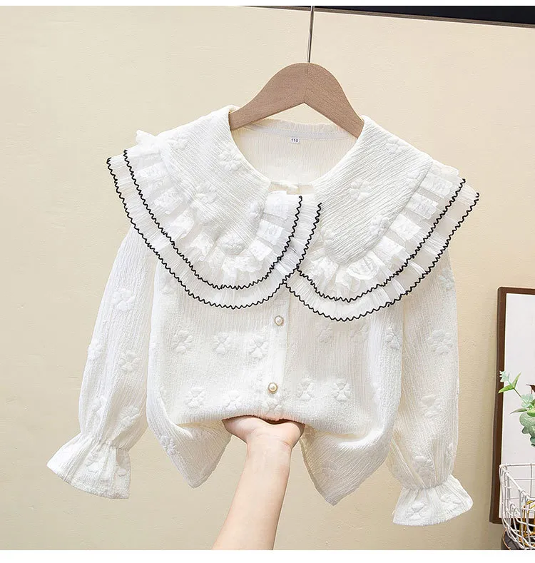 Girls Casual Jacquard Ruffled Lapel Long Sleeve Blouse
