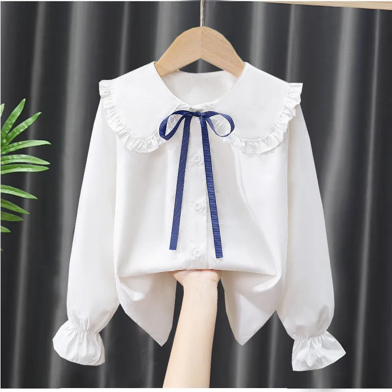 Girls Casual Bowknot Ruffled Lapel Long Sleeve Cotton Blouse Solid Color Crewneck