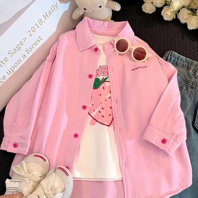 Girls Fashion Casual Solid Color Lapel Long-Sleeve Denim Jacket Cotton