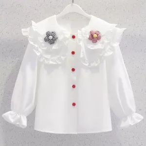 Girls Fashion Cute Floral Decoration Ruffled Lapel Long Sleeve Blouse