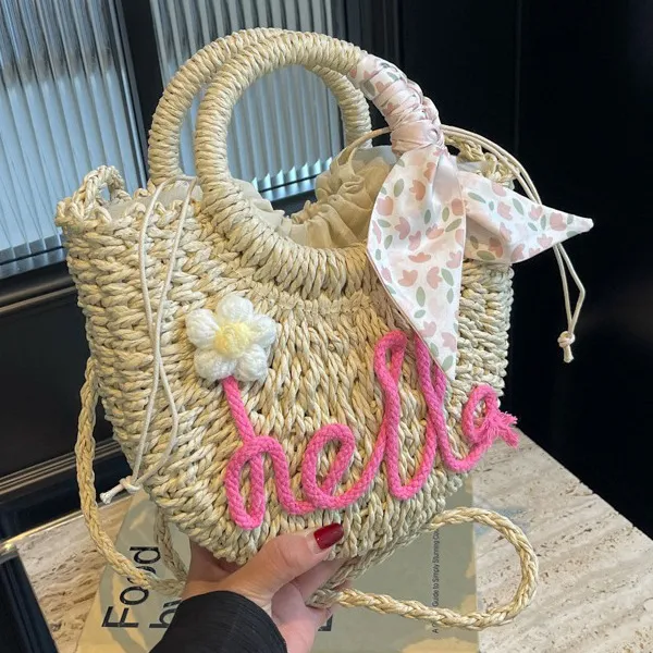Women Fashion Casual Vacation Straw Woven Beach Round Handbag