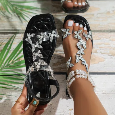 Women Fashion Butterfly Rhinestone Square Toe Flat Sandals Shoes Plus Size