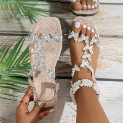 Women Fashion Butterfly Rhinestone Square Toe Flat Sandals Shoes Plus Size