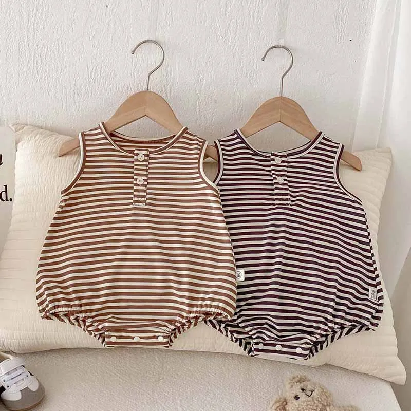 Kids Baby Boys Girls Casual Cute Stripe Sleeveless Cotton Romper Pullover Triangle Climb(0-3T)