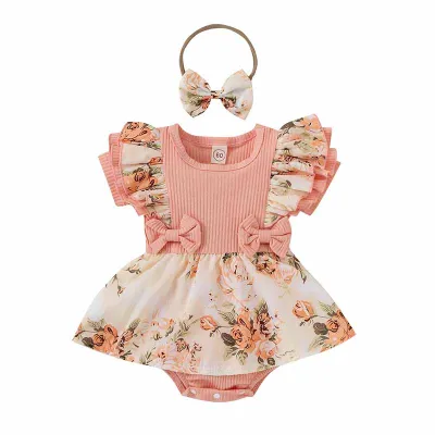 Kids Baby Girls Casual Cute Tiny Flower Short Sleeve Cotton Romper Pullover