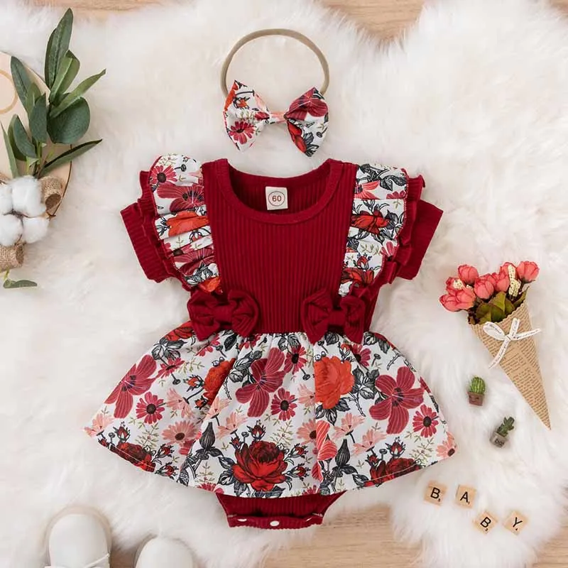 Kids Baby Girls Casual Cute Tiny Flower Short Sleeve Cotton Romper Pullover