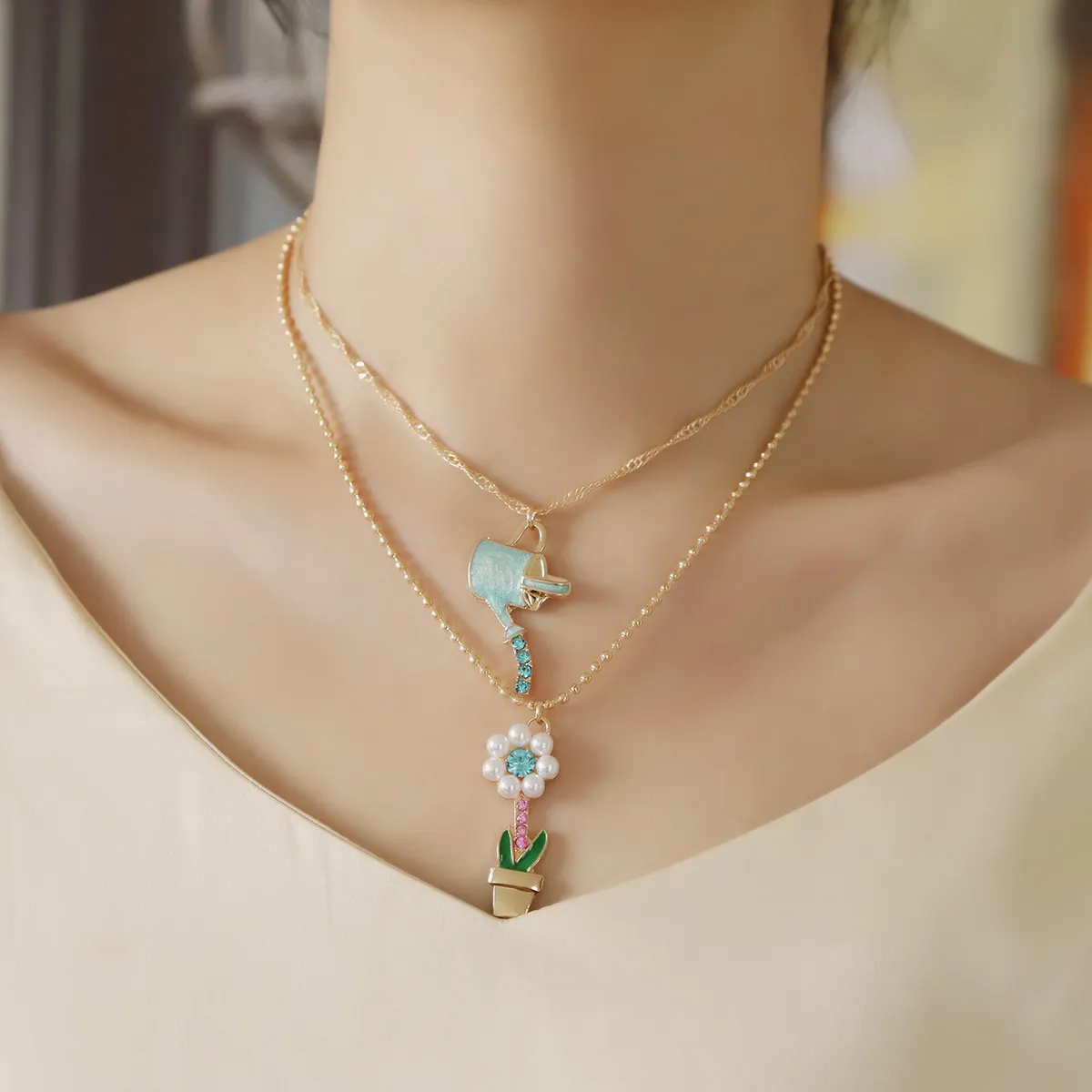 Women Fashion Cute Double Layer Tulip Dropping Oil Floral Pendant Necklace