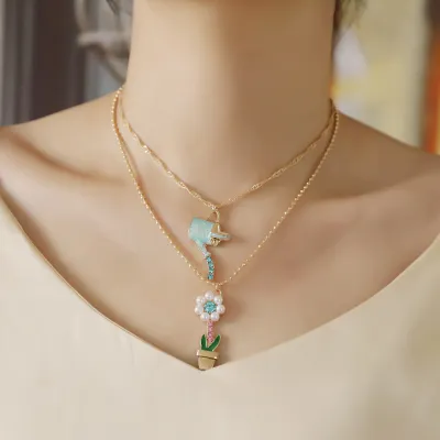 Women Fashion Cute Double Layer Tulip Dropping Oil Floral Pendant Necklace