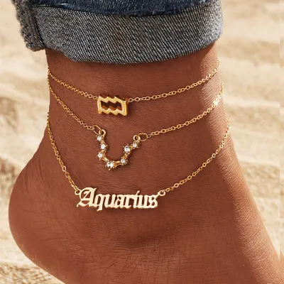 Women Fashion 12 Constellation Zodiac Alloy Multi-Layer Anklets Set