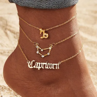Women Fashion 12 Constellation Zodiac Alloy Multi-Layer Anklets Set