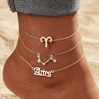 Women Fashion 12 Constellation Zodiac Alloy Multi-Layer Anklets Set